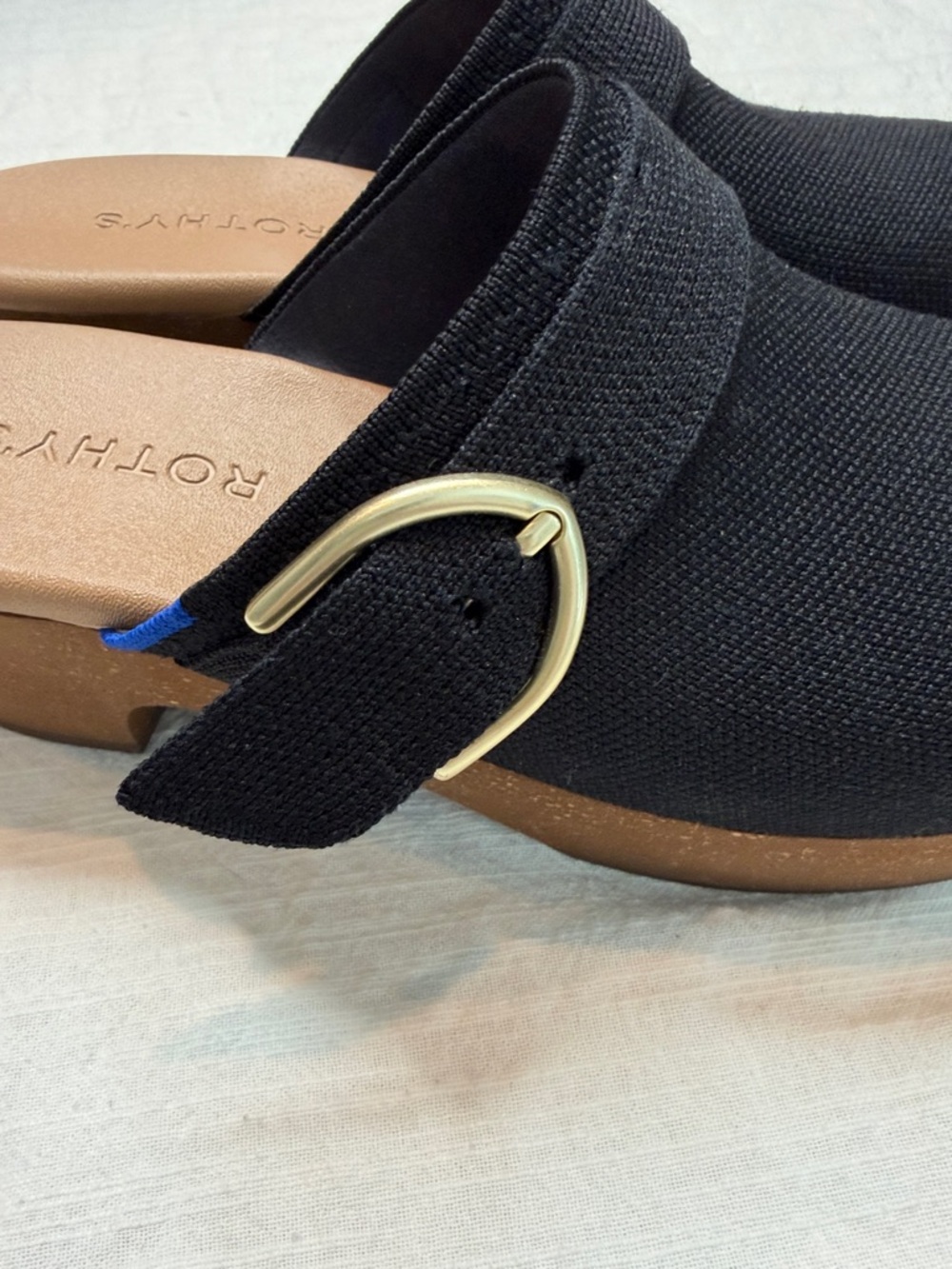 Rothy's Black Knit Mule Clogs with Gold Buckle - Picture 4 of 7